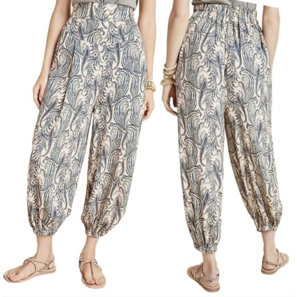 Anthropologie Paisley Print Smocked Waist Tapered‎ Harem Pants Viscose Size S